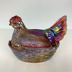 Carnival Glass Hen On Nest HON Red Amethyst Iridescent Vtg UV Glows Easter Read
